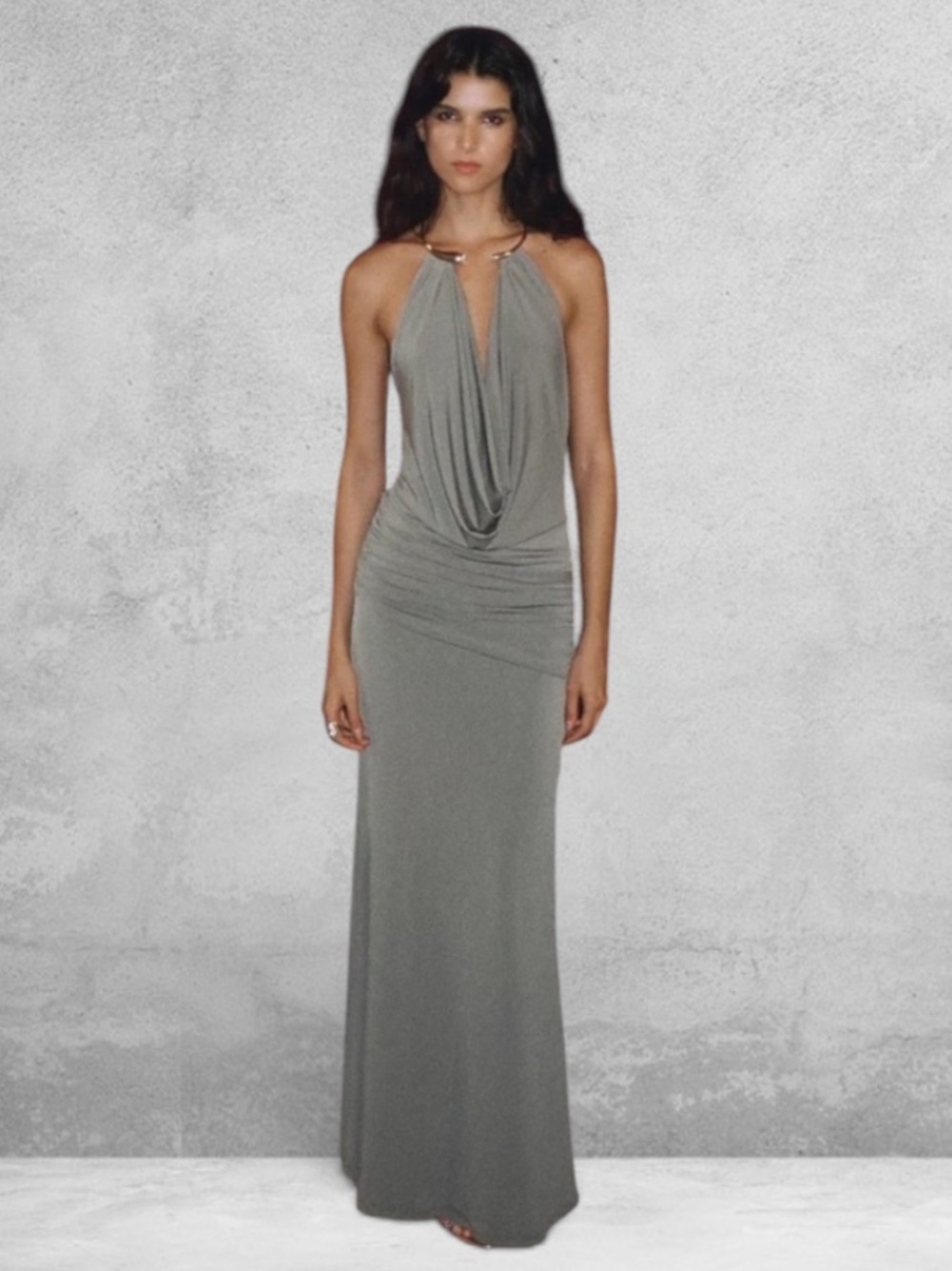 Zara Jewel Collar Plunging Halter Draped Maxi Dress Grey NWT XS, M